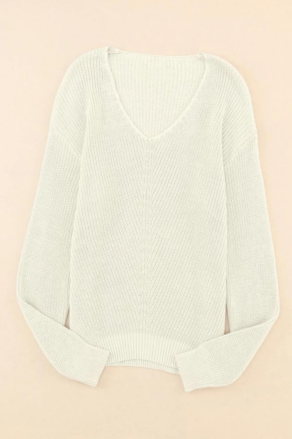 Fashion Dear-Lover Ribbed Knit V Neck Sweater Beige