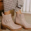 Clearance Dear-Lover Ring Linked Zipper Chunky Heel Ankle Boots Beige