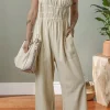 Discount Dear-Lover Ruched High Waist Sleeveless Wide Leg Jumpsuit Beige