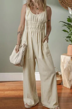 Discount Dear-Lover Ruched High Waist Sleeveless Wide Leg Jumpsuit Beige