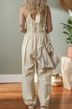 Discount Dear-Lover Ruched High Waist Sleeveless Wide Leg Jumpsuit Beige