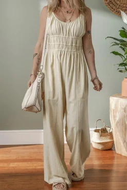 Discount Dear-Lover Ruched High Waist Sleeveless Wide Leg Jumpsuit Beige