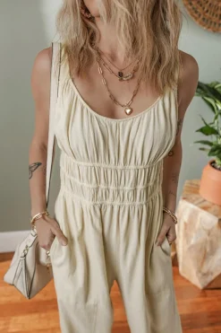 Discount Dear-Lover Ruched High Waist Sleeveless Wide Leg Jumpsuit Beige