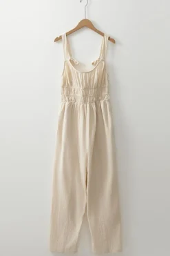Discount Dear-Lover Ruched High Waist Sleeveless Wide Leg Jumpsuit Beige