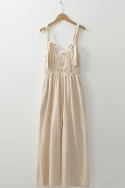 Discount Dear-Lover Ruched High Waist Sleeveless Wide Leg Jumpsuit Beige
