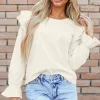 Best Dear-Lover Ruffled Flounce Sleeve Corduroy Blouse Beige