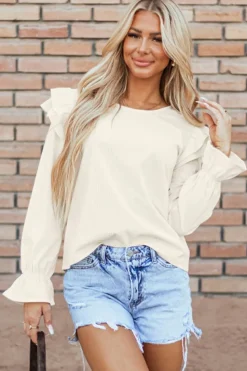 Best Dear-Lover Ruffled Flounce Sleeve Corduroy Blouse Beige