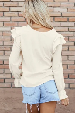 Best Dear-Lover Ruffled Flounce Sleeve Corduroy Blouse Beige