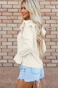 Best Dear-Lover Ruffled Flounce Sleeve Corduroy Blouse Beige