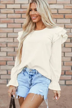 Best Dear-Lover Ruffled Flounce Sleeve Corduroy Blouse Beige