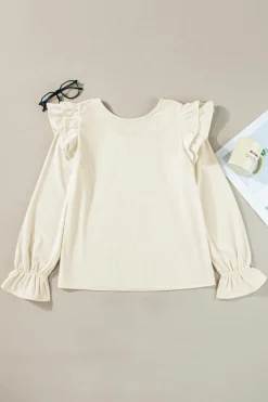 Best Dear-Lover Ruffled Flounce Sleeve Corduroy Blouse Beige