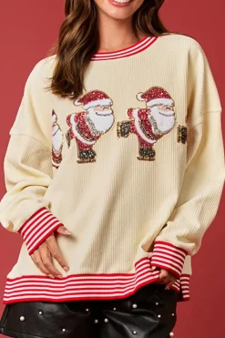 Fashion Dear-Lover Santa Skiing Graphic Striped Trim Corded Sweatshirt Beige