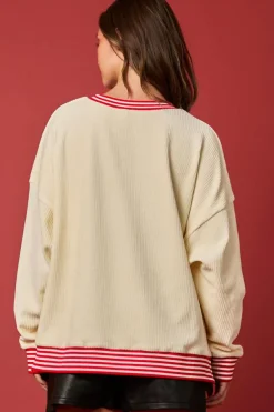 Fashion Dear-Lover Santa Skiing Graphic Striped Trim Corded Sweatshirt Beige