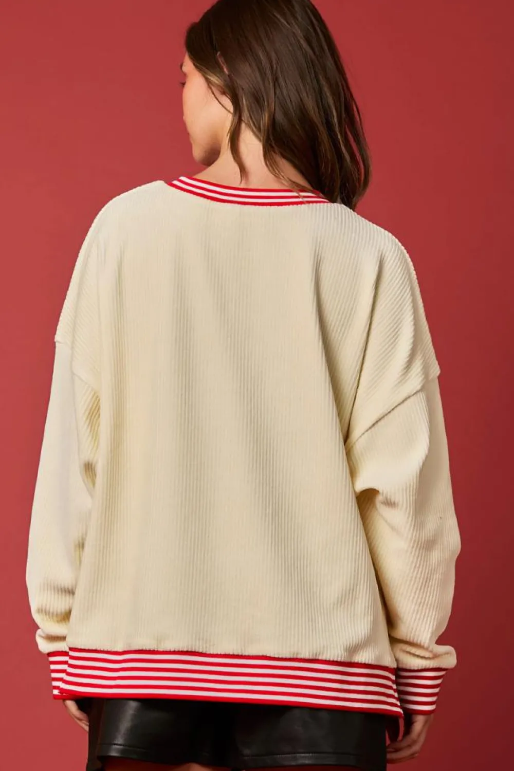 Fashion Dear-Lover Santa Skiing Graphic Striped Trim Corded Sweatshirt Beige