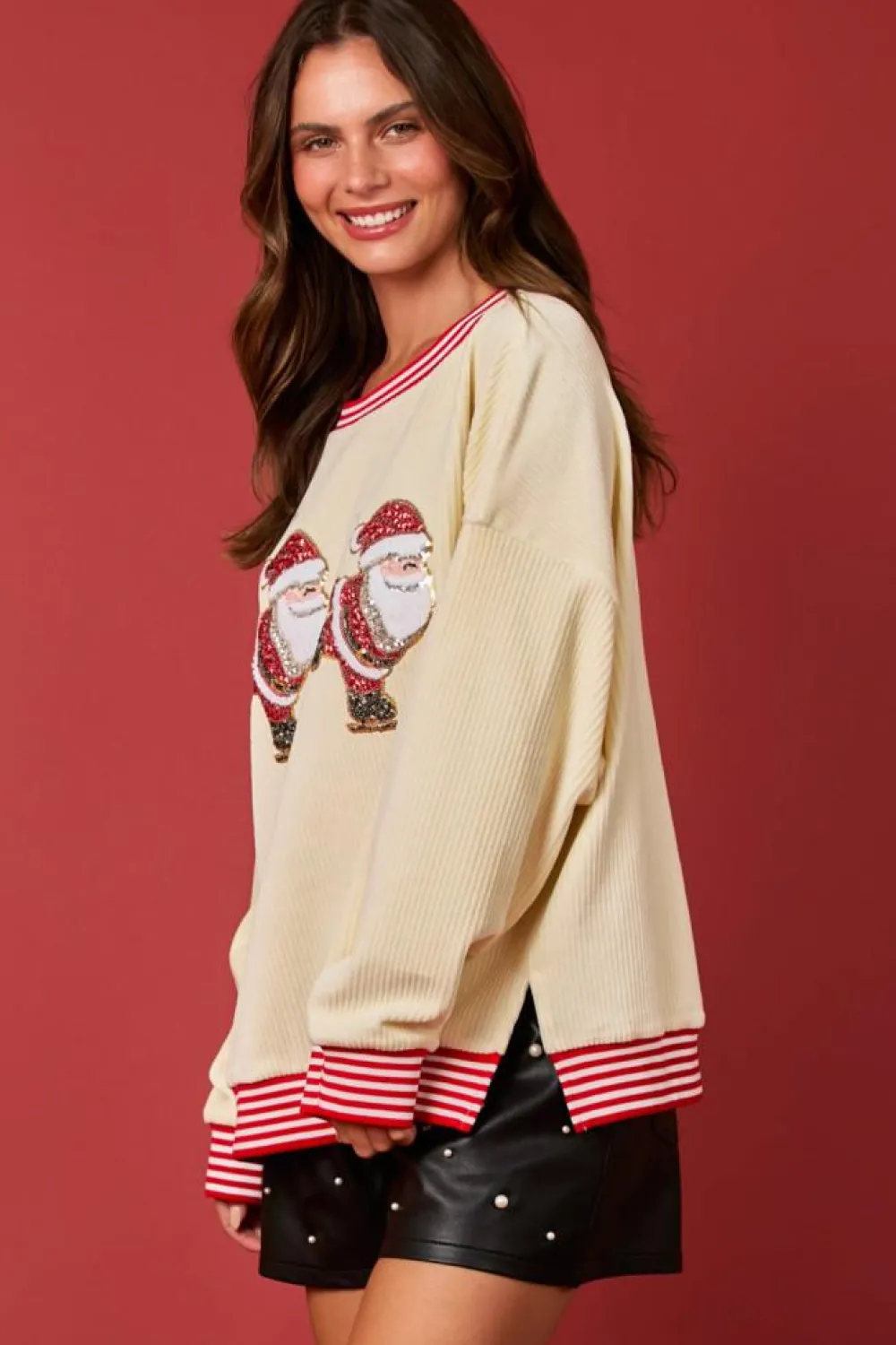 Fashion Dear-Lover Santa Skiing Graphic Striped Trim Corded Sweatshirt Beige
