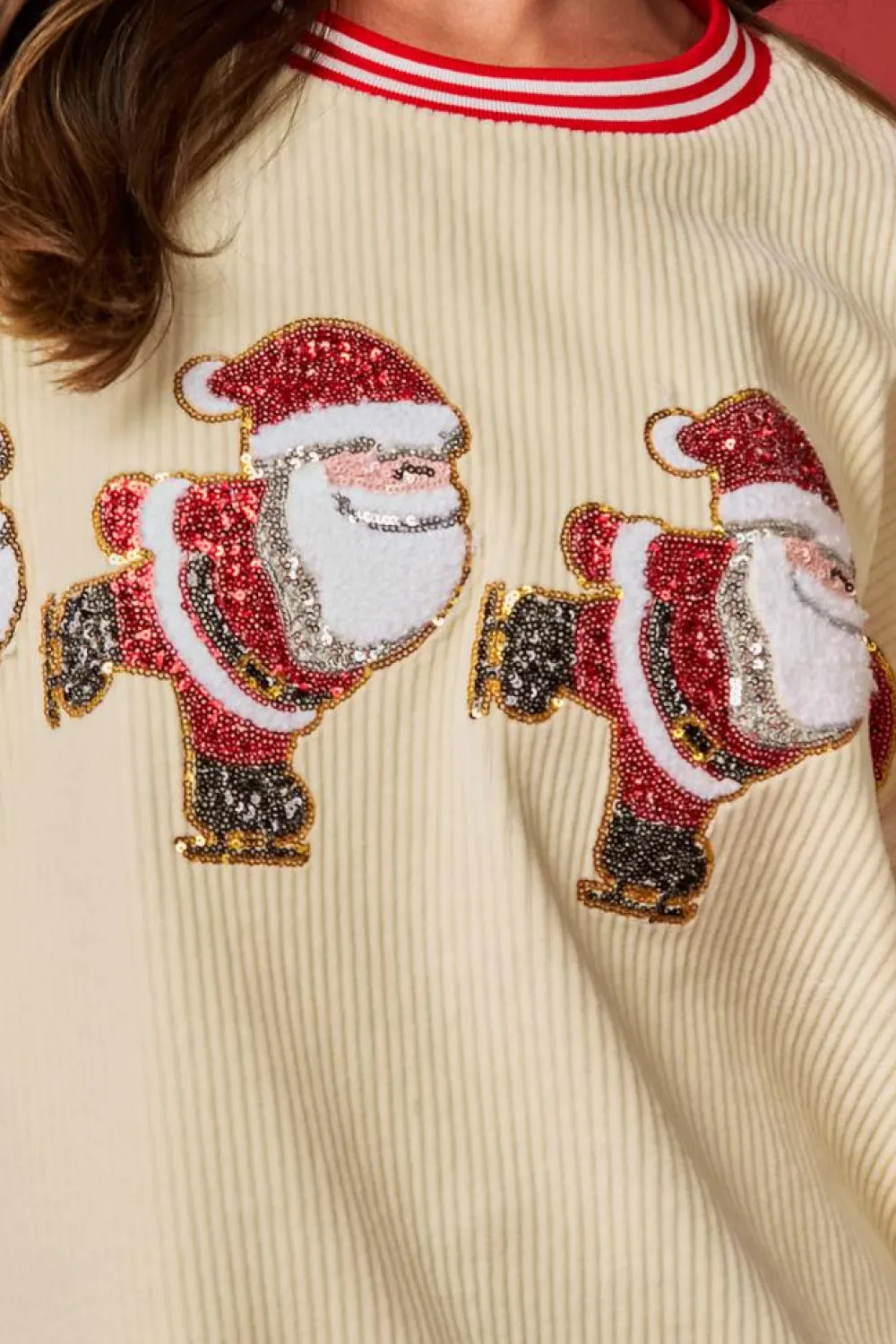 Fashion Dear-Lover Santa Skiing Graphic Striped Trim Corded Sweatshirt Beige