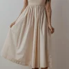 New Dear-Lover Scoop Neck Ribbed Bodice Pleated Sleeveless Long Dress Beige