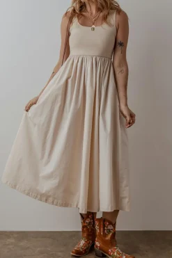 New Dear-Lover Scoop Neck Ribbed Bodice Pleated Sleeveless Long Dress Beige