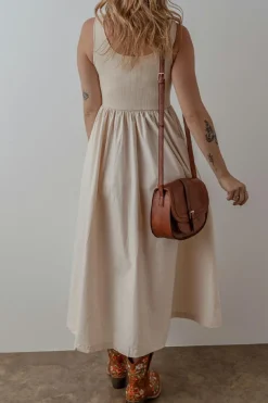 New Dear-Lover Scoop Neck Ribbed Bodice Pleated Sleeveless Long Dress Beige