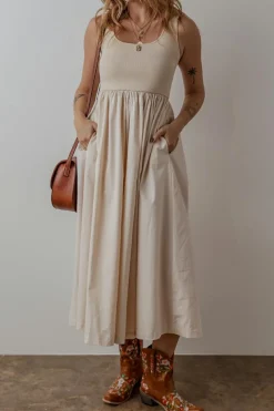 New Dear-Lover Scoop Neck Ribbed Bodice Pleated Sleeveless Long Dress Beige