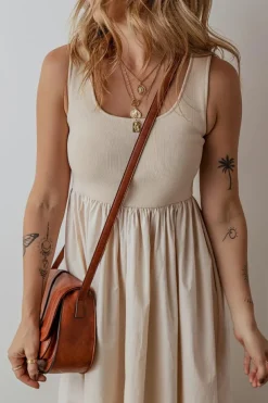 New Dear-Lover Scoop Neck Ribbed Bodice Pleated Sleeveless Long Dress Beige
