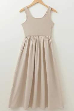 New Dear-Lover Scoop Neck Ribbed Bodice Pleated Sleeveless Long Dress Beige