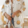 Discount Dear-Lover Sequin Basketball Graphic Textured Snap Button Shacket Beige