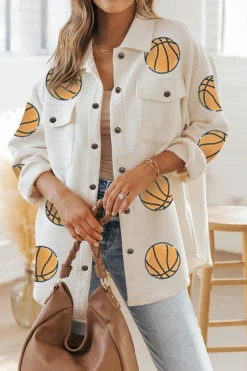 Discount Dear-Lover Sequin Basketball Graphic Textured Snap Button Shacket Beige