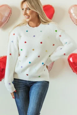 Discount Dear-Lover Sequin Heart Shape Waffle Knit Round Neck Sweater Beige