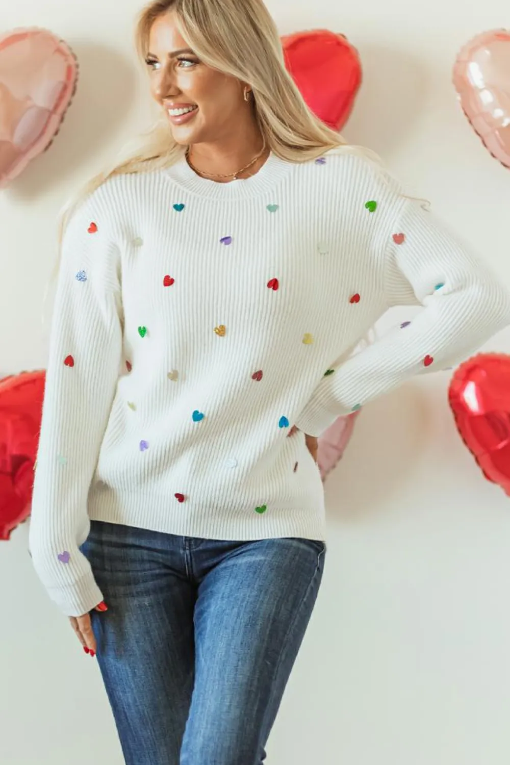 Discount Dear-Lover Sequin Heart Shape Waffle Knit Round Neck Sweater Beige