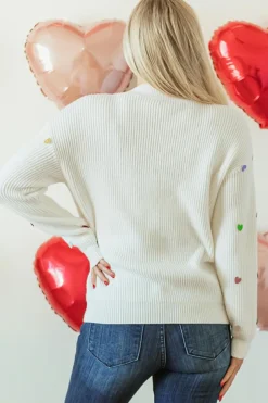 Discount Dear-Lover Sequin Heart Shape Waffle Knit Round Neck Sweater Beige
