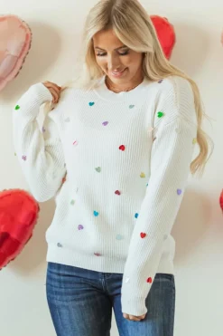 Discount Dear-Lover Sequin Heart Shape Waffle Knit Round Neck Sweater Beige