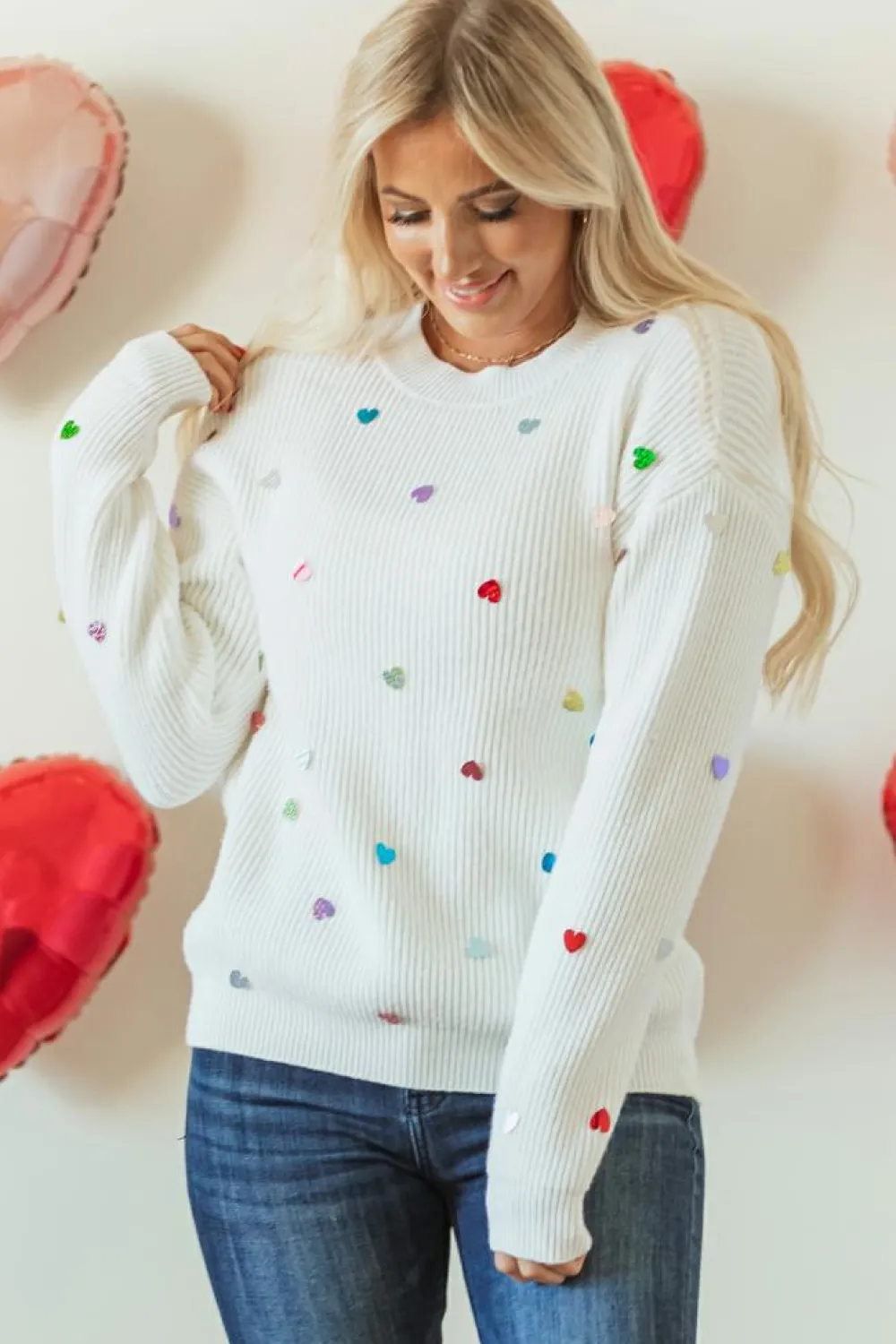 Discount Dear-Lover Sequin Heart Shape Waffle Knit Round Neck Sweater Beige
