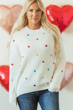 Discount Dear-Lover Sequin Heart Shape Waffle Knit Round Neck Sweater Beige