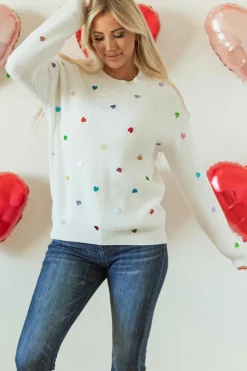 Discount Dear-Lover Sequin Heart Shape Waffle Knit Round Neck Sweater Beige