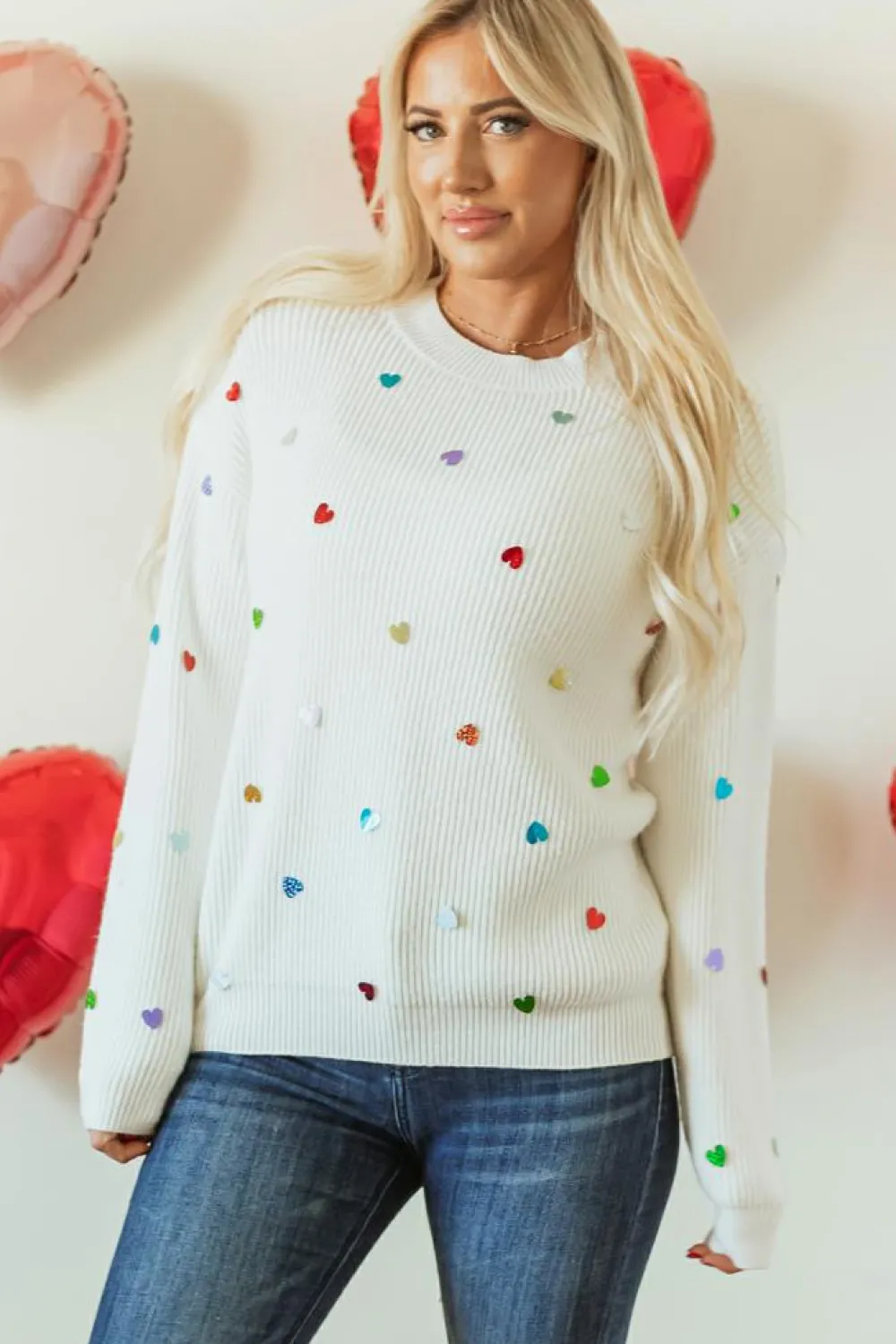 Discount Dear-Lover Sequin Heart Shape Waffle Knit Round Neck Sweater Beige