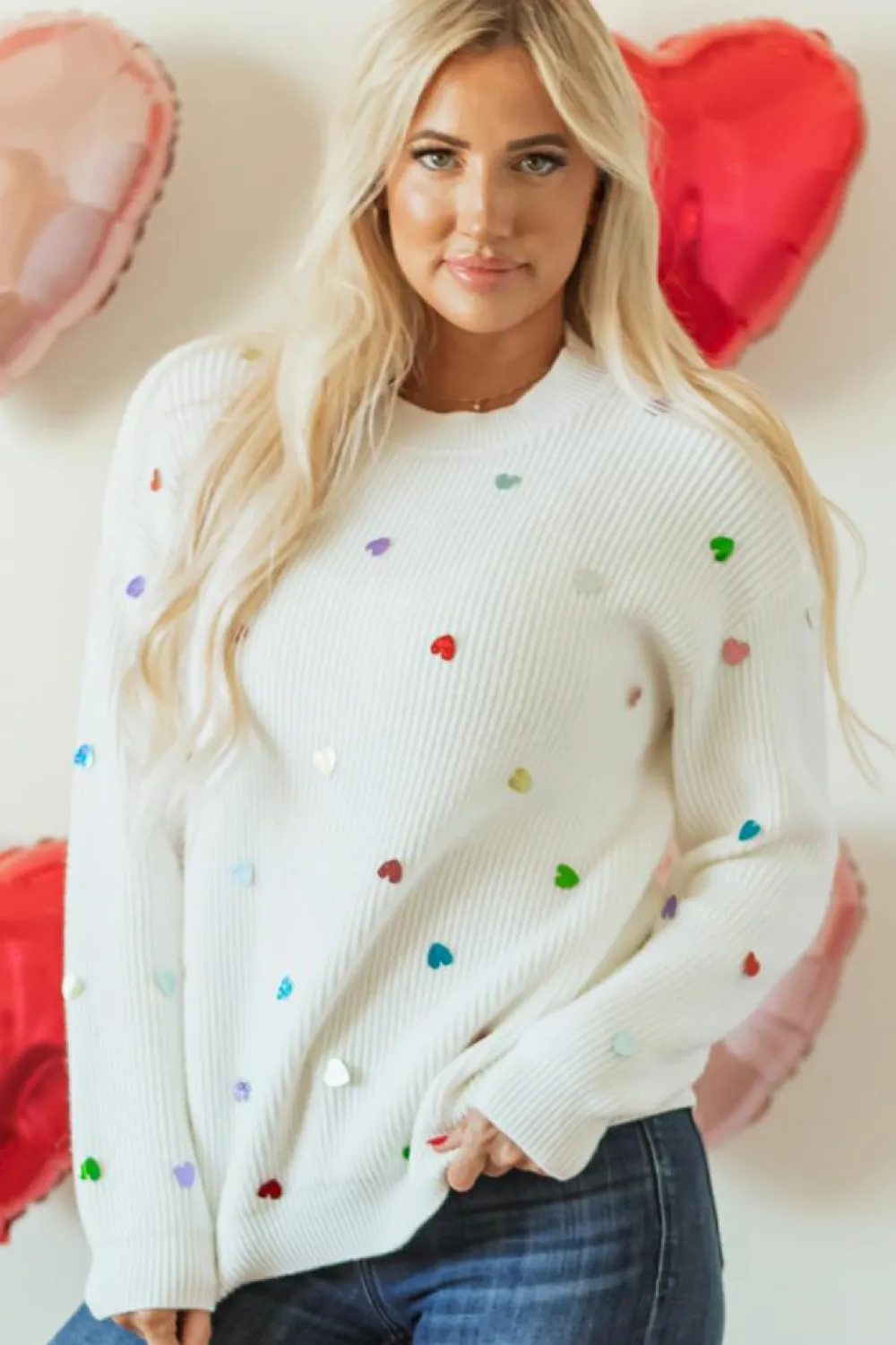 Discount Dear-Lover Sequin Heart Shape Waffle Knit Round Neck Sweater Beige