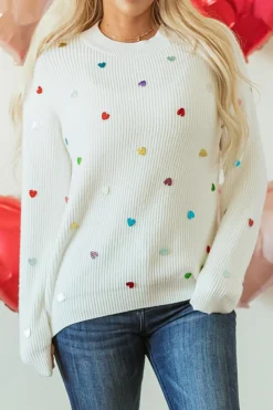 Discount Dear-Lover Sequin Heart Shape Waffle Knit Round Neck Sweater Beige