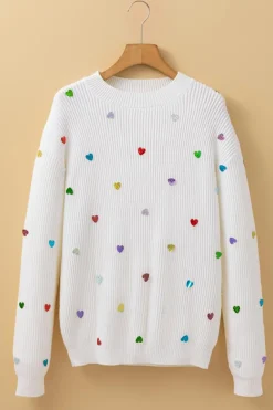 Discount Dear-Lover Sequin Heart Shape Waffle Knit Round Neck Sweater Beige