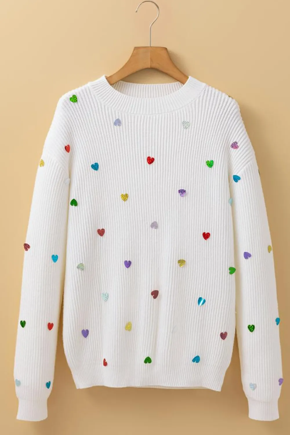 Discount Dear-Lover Sequin Heart Shape Waffle Knit Round Neck Sweater Beige