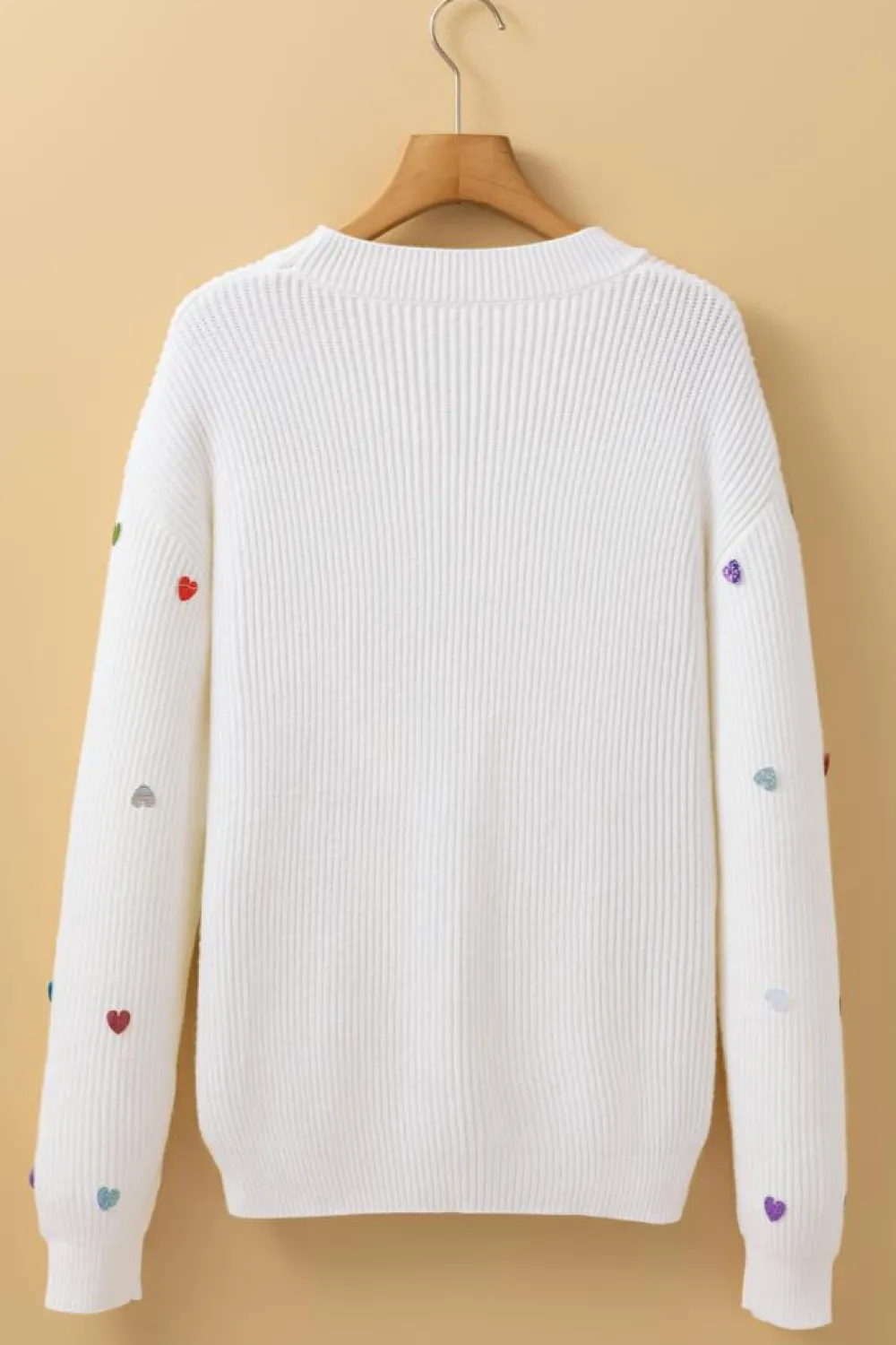 Discount Dear-Lover Sequin Heart Shape Waffle Knit Round Neck Sweater Beige