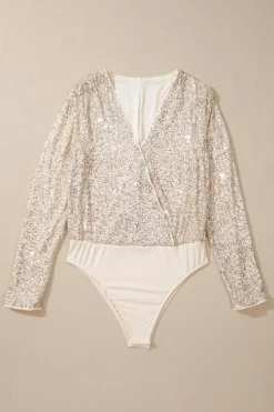 Clearance Dear-Lover Sequin Long Sleeve Wrap V Neck Bodysuit Beige