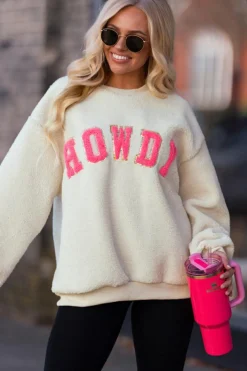 Best Dear-Lover Sherpa HOWDY Patched Pullover Sweatshirt Beige