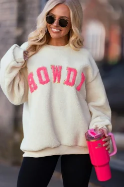 Best Dear-Lover Sherpa HOWDY Patched Pullover Sweatshirt Beige