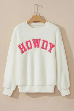 Best Dear-Lover Sherpa HOWDY Patched Pullover Sweatshirt Beige