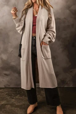 Hot Dear-Lover Side Pockets Open Front Long Knitted Cardigan Beige