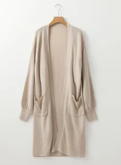 Hot Dear-Lover Side Pockets Open Front Long Knitted Cardigan Beige