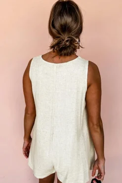 Outlet Dear-Lover Sleeveless V Neck Buttoned Front Chest Pocket Romper Beige
