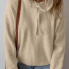 New Dear-Lover Solid Color Drawstring Hooded Drop Shoulder Pullover Sweater Beige