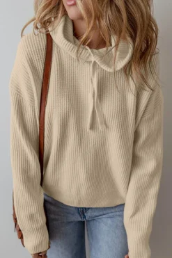 New Dear-Lover Solid Color Drawstring Hooded Drop Shoulder Pullover Sweater Beige